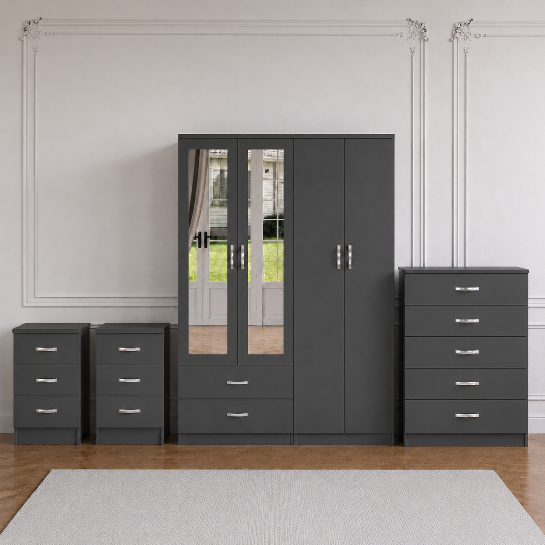 Grey 4-door mirrored wardrobe complete bedroom set with chest of drawers and 2 bedside tables