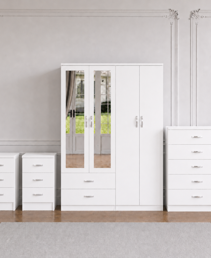 White 4-door mirrored wardrobe complete bedroom set with chest of drawers and 2 bedside tables