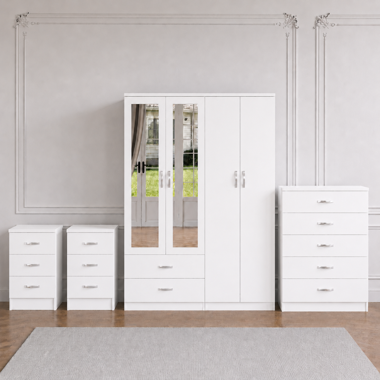 White 4-door mirrored wardrobe complete bedroom set with chest of drawers and 2 bedside tables
