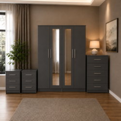Shop our ready assembled grey 4-door mirror wardrobe bedroom furniture set. Free UK delivery. From £119 at HF Furnitures.