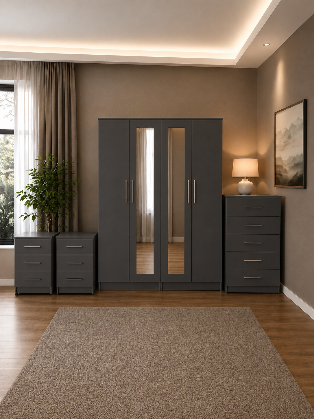 Shop our ready assembled grey 4-door mirror wardrobe bedroom furniture set. Free UK delivery. From £119 at HF Furnitures.