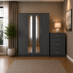 Shop our ready assembled grey 4-door mirror wardrobe bedroom furniture set. Free UK delivery. From £119 at HF Furnitures.