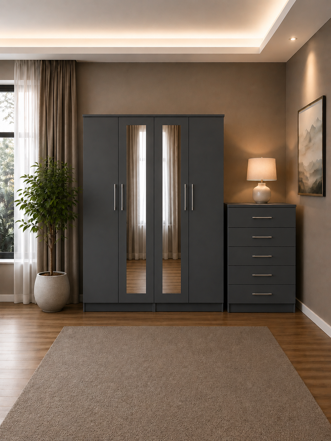 Shop our ready assembled grey 4-door mirror wardrobe bedroom furniture set. Free UK delivery. From £119 at HF Furnitures.