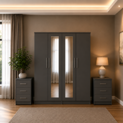 Shop our ready assembled grey 4-door mirror wardrobe bedroom furniture set. Free UK delivery. From £119 at HF Furnitures.