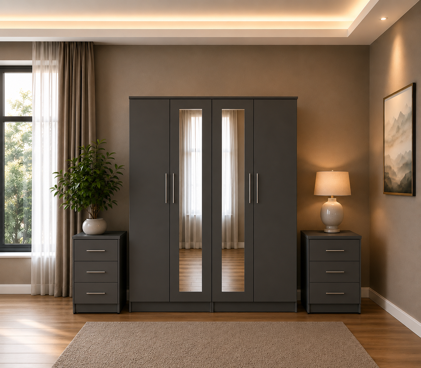 Shop our ready assembled grey 4-door mirror wardrobe bedroom furniture set. Free UK delivery. From £119 at HF Furnitures.