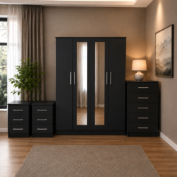 Shop our ready assembled black 4-door mirror wardrobe bedroom furniture set. Free UK delivery. From £119 at HF Furnitures.