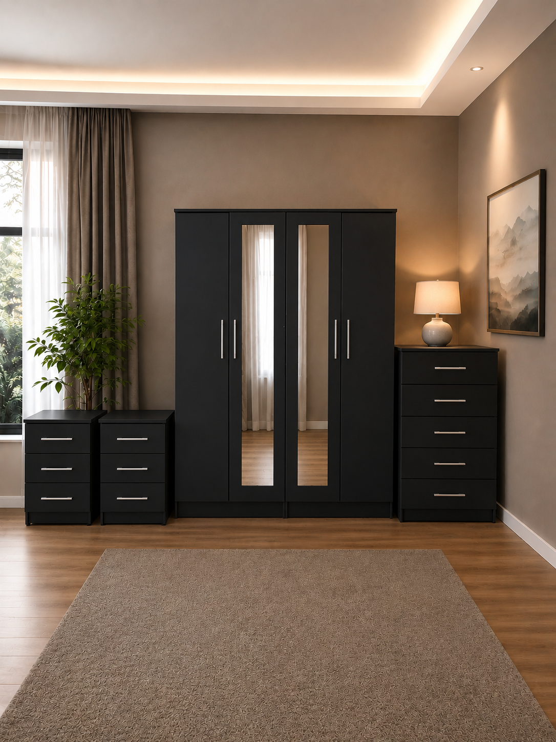 Shop our ready assembled black 4-door mirror wardrobe bedroom furniture set. Free UK delivery. From £119 at HF Furnitures.