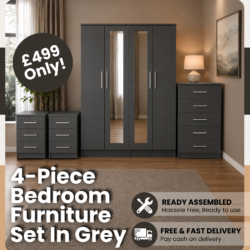 Shop our ready assembled grey 4-door mirror wardrobe bedroom furniture set. Free UK delivery. From £119 at HF Furnitures.