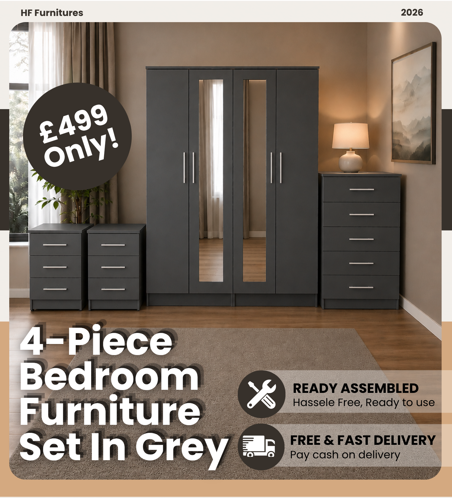 Shop our ready assembled grey 4-door mirror wardrobe bedroom furniture set. Free UK delivery. From £119 at HF Furnitures.