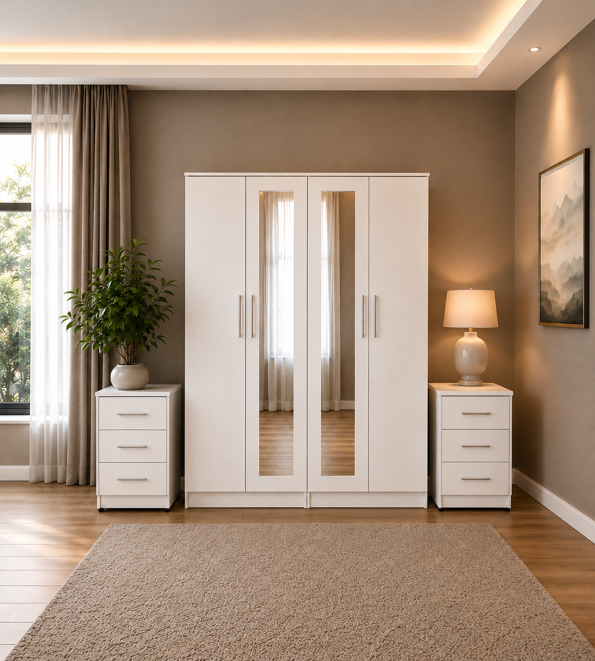 Shop our ready assembled white 4-door mirror wardrobe bedroom furniture set. Free UK delivery. From £119 at HF Furnitures.