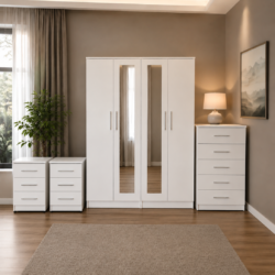 Shop our ready assembled white 4-door mirror wardrobe bedroom furniture set. Free UK delivery. From £119 at HF Furnitures.