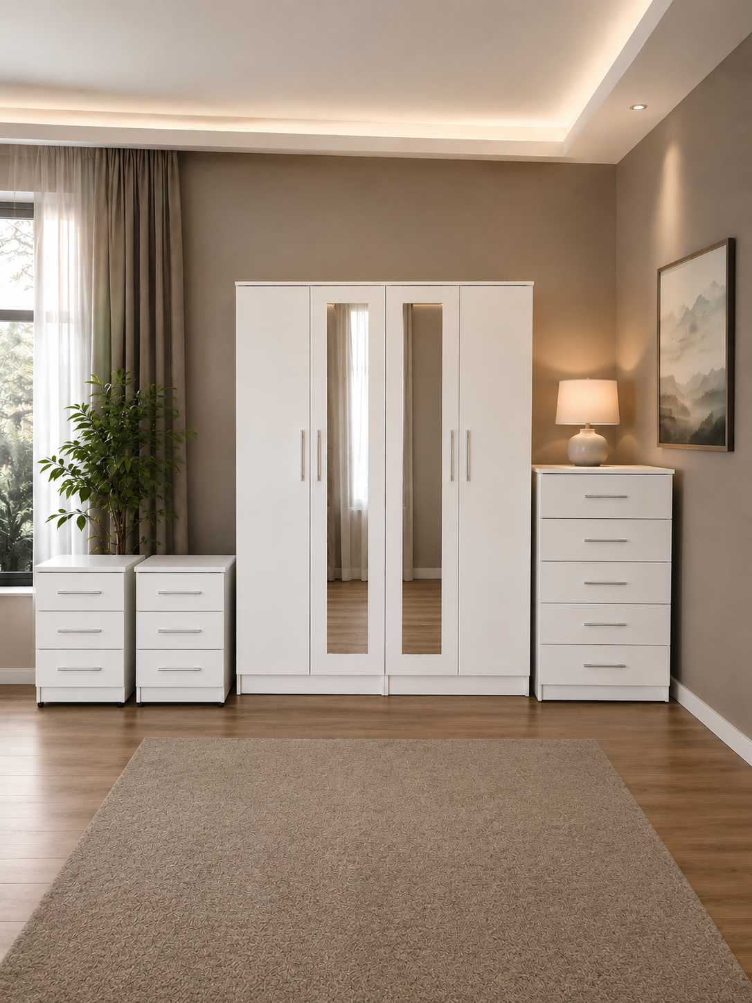 Shop our ready assembled white 4-door mirror wardrobe bedroom furniture set. Free UK delivery. From £119 at HF Furnitures.