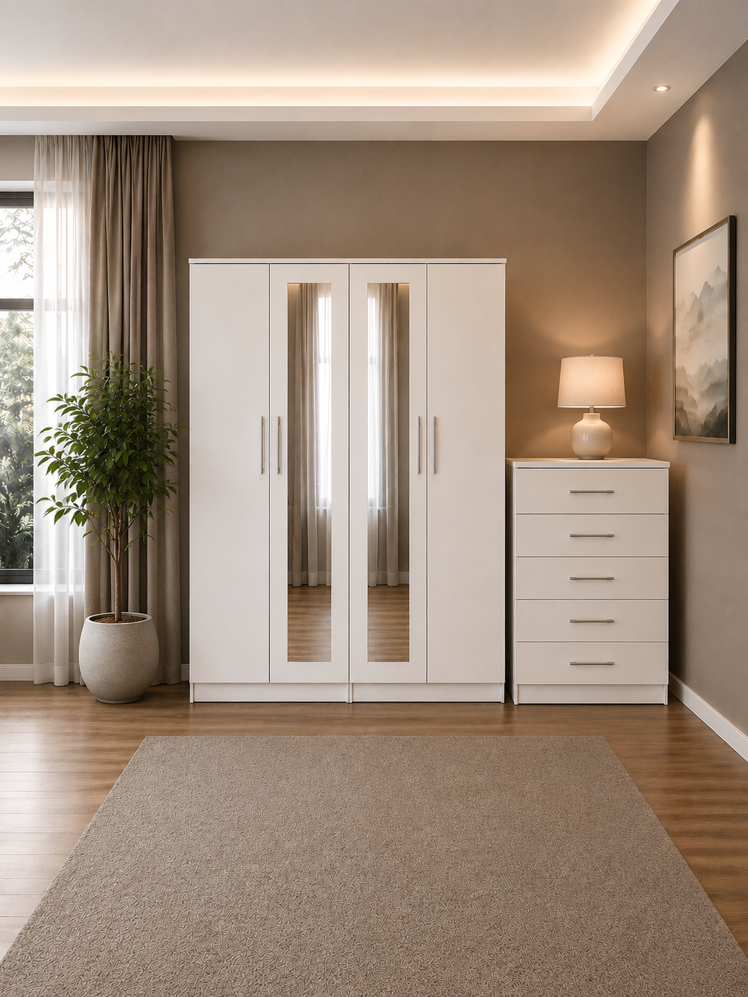 Shop our ready assembled white 4-door mirror wardrobe bedroom furniture set. Free UK delivery. From £119 at HF Furnitures.