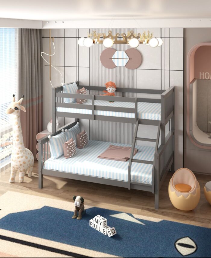 Grey triple bunk bed single over double in a modern children's bedroom