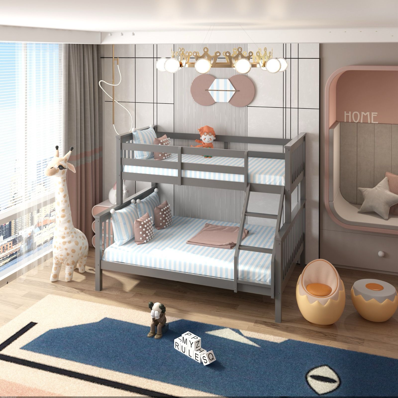 Grey triple bunk bed single over double in a modern children's bedroom