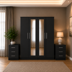 Shop our ready assembled black 4-door mirror wardrobe bedroom furniture set. Free UK delivery. From £119 at HF Furnitures.