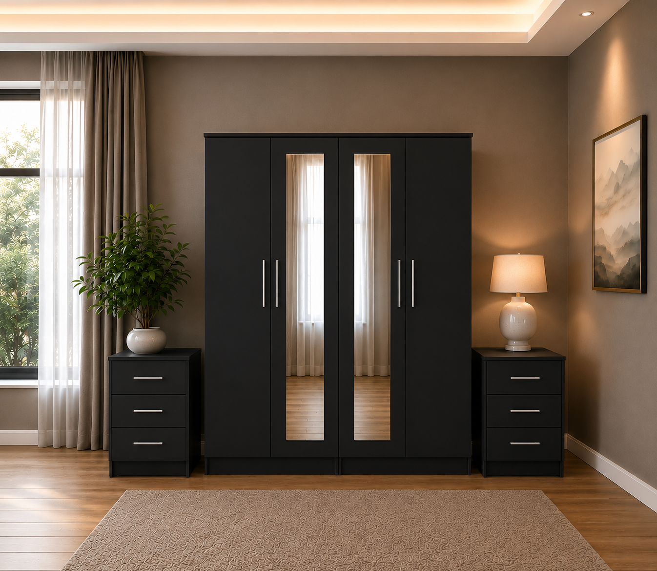 Shop our ready assembled black 4-door mirror wardrobe bedroom furniture set. Free UK delivery. From £119 at HF Furnitures.