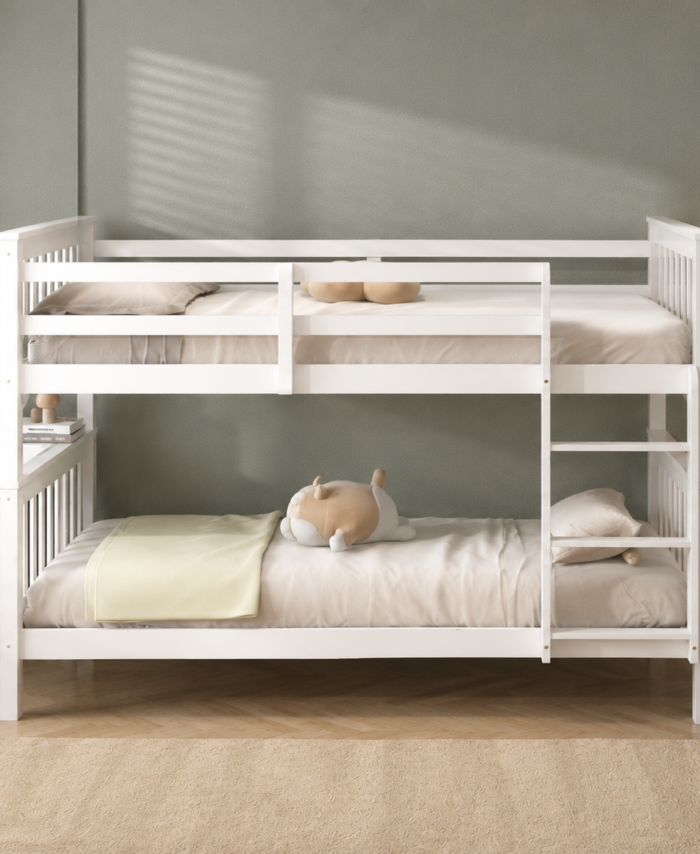 White single over single bunk bed front view in children's bedroom