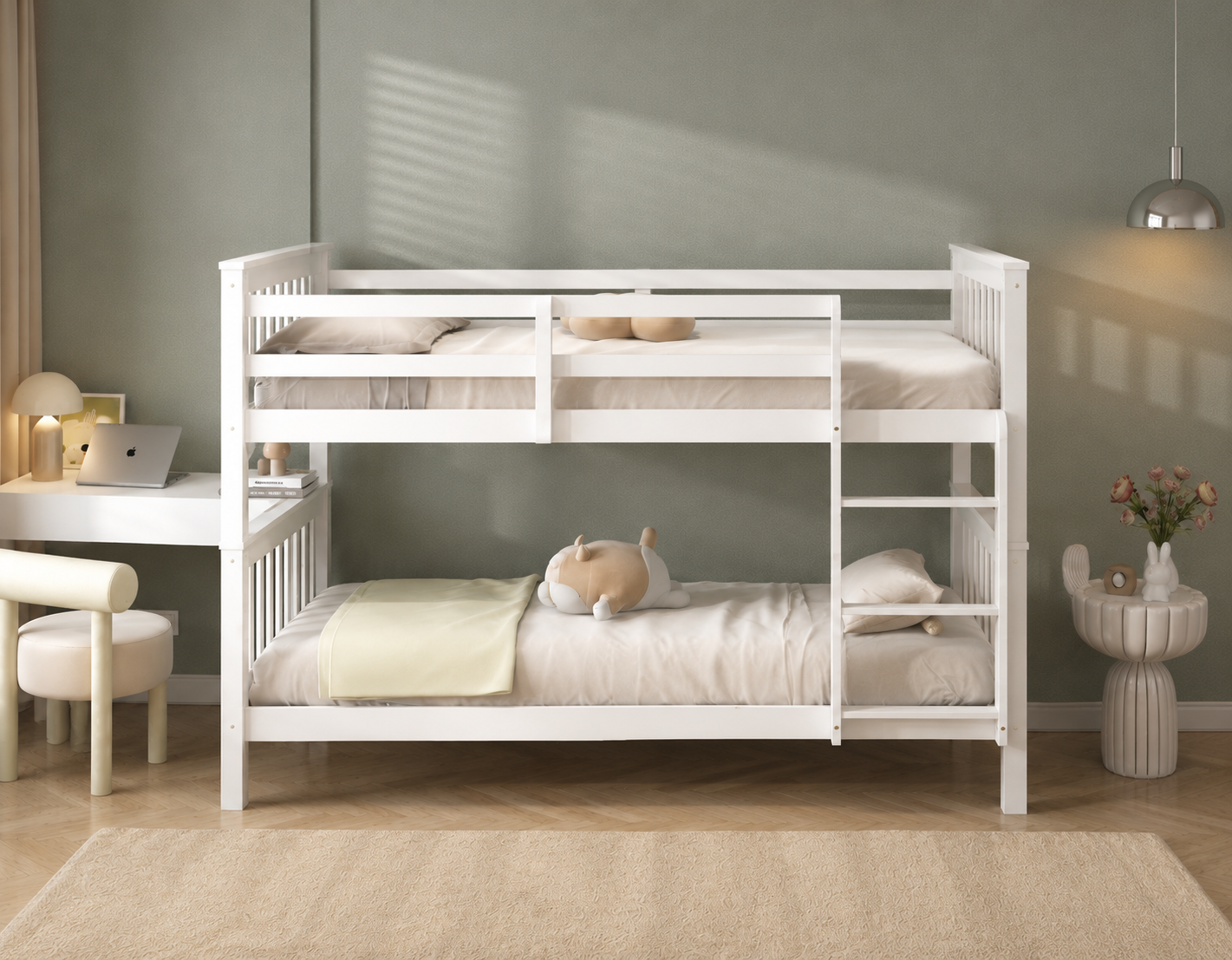 White single over single bunk bed front view in children's bedroom