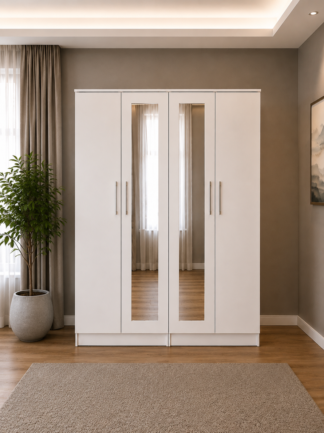 Shop our ready assembled white 4-door mirror wardrobe bedroom furniture set. Free UK delivery. From £119 at HF Furnitures.
