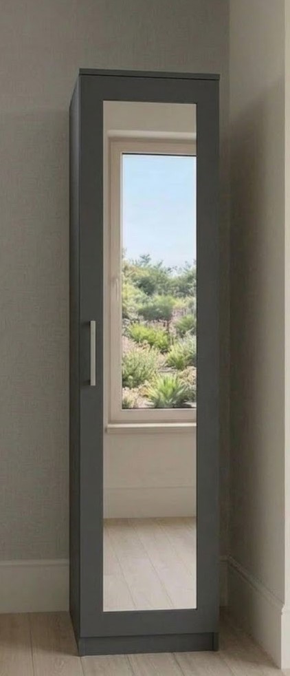 Grey single door narrow mirrored wardrobe, ready assembled, UK