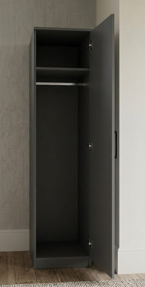 Open grey single door narrow wardrobe showing hanging rail and two shelves inside, ready assembled, UK