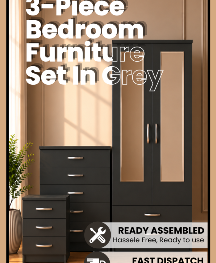 Grey 2 Door Mirrored Wardrobe Bedroom Set | Ready Assembled