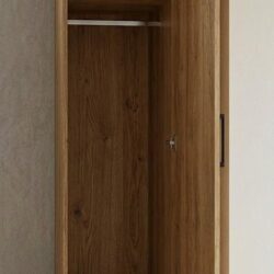 Open oak single door narrow wardrobe showing hanging rail and two shelves inside, ready assembled, UK