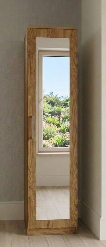 Oak single door narrow mirrored wardrobe, ready assembled, UK