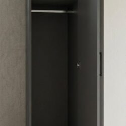 Open grey single door narrow wardrobe showing hanging rail and two shelves inside, ready assembled, UK