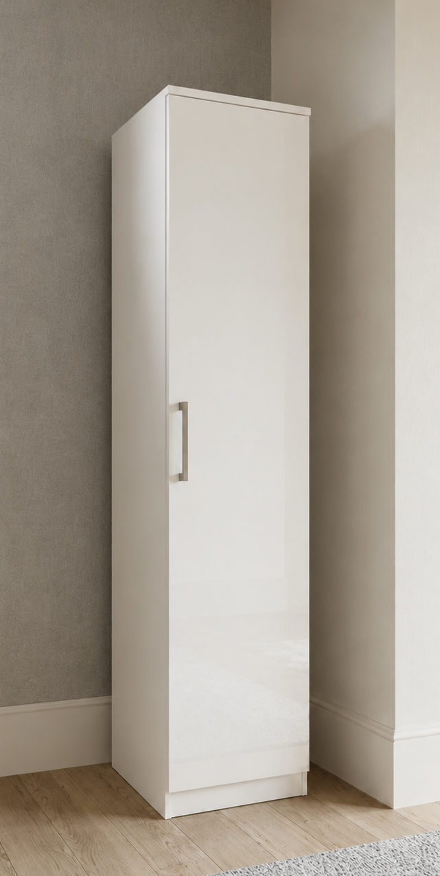 Side view of white single door narrow wardrobe showing 50cm depth, ready assembled, UK