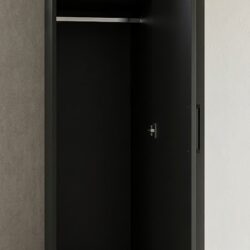 Open black single door narrow wardrobe showing hanging rail and two shelves inside, ready assembled, UK