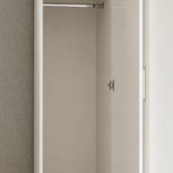 Open white single door narrow wardrobe showing hanging rail and two shelves inside, ready assembled, UK