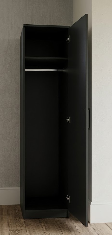 Open black single door narrow wardrobe showing hanging rail and two shelves inside, ready assembled, UK