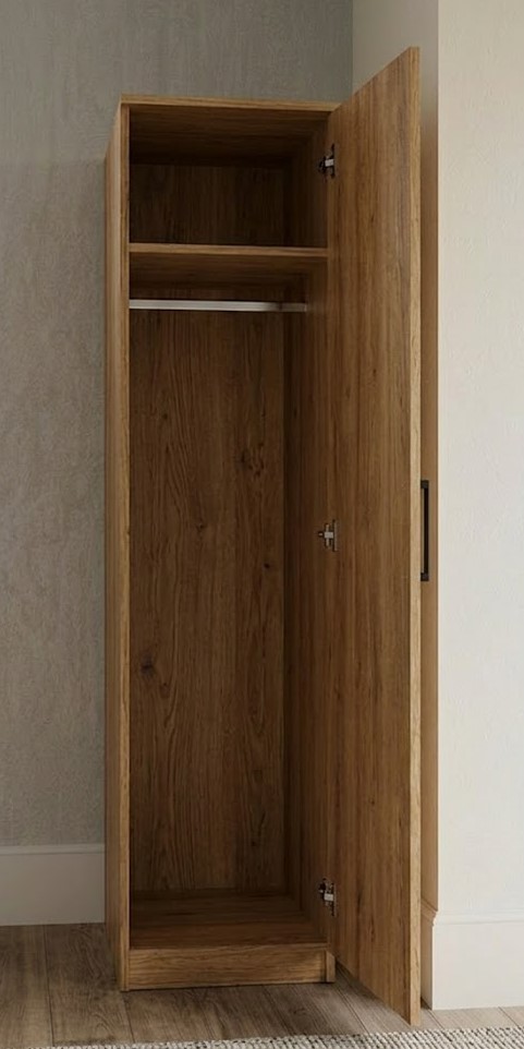 Open oak effect single door narrow wardrobe showing hanging rail and two shelves inside, ready assembled, UK