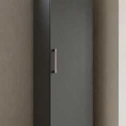 Side view of grey single door narrow wardrobe showing 50cm depth, ready assembled, UK