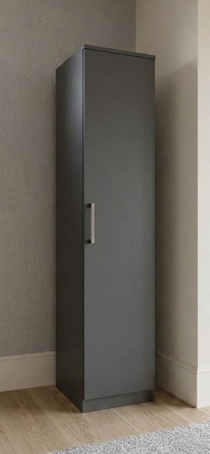 Side view of grey single door narrow wardrobe showing 50cm depth, ready assembled, UK