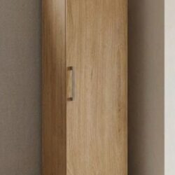 Side view of oak effect single door narrow wardrobe showing 50cm depth, ready assembled, UK