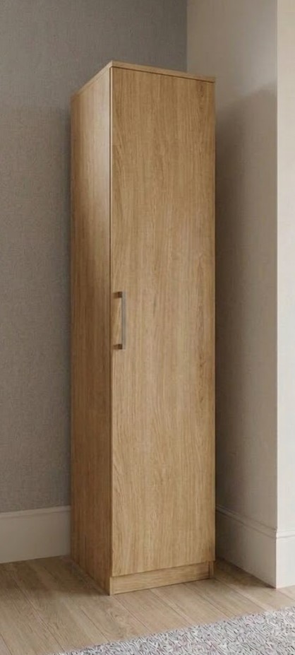 Side view of oak effect single door narrow wardrobe showing 50cm depth, ready assembled, UK