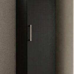 Side view of black single door narrow wardrobe showing 50cm depth, ready assembled, UK