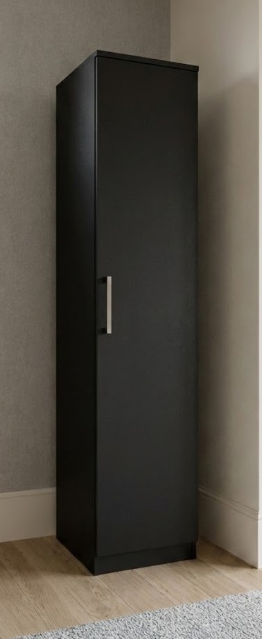 Side view of black single door narrow wardrobe showing 50cm depth, ready assembled, UK
