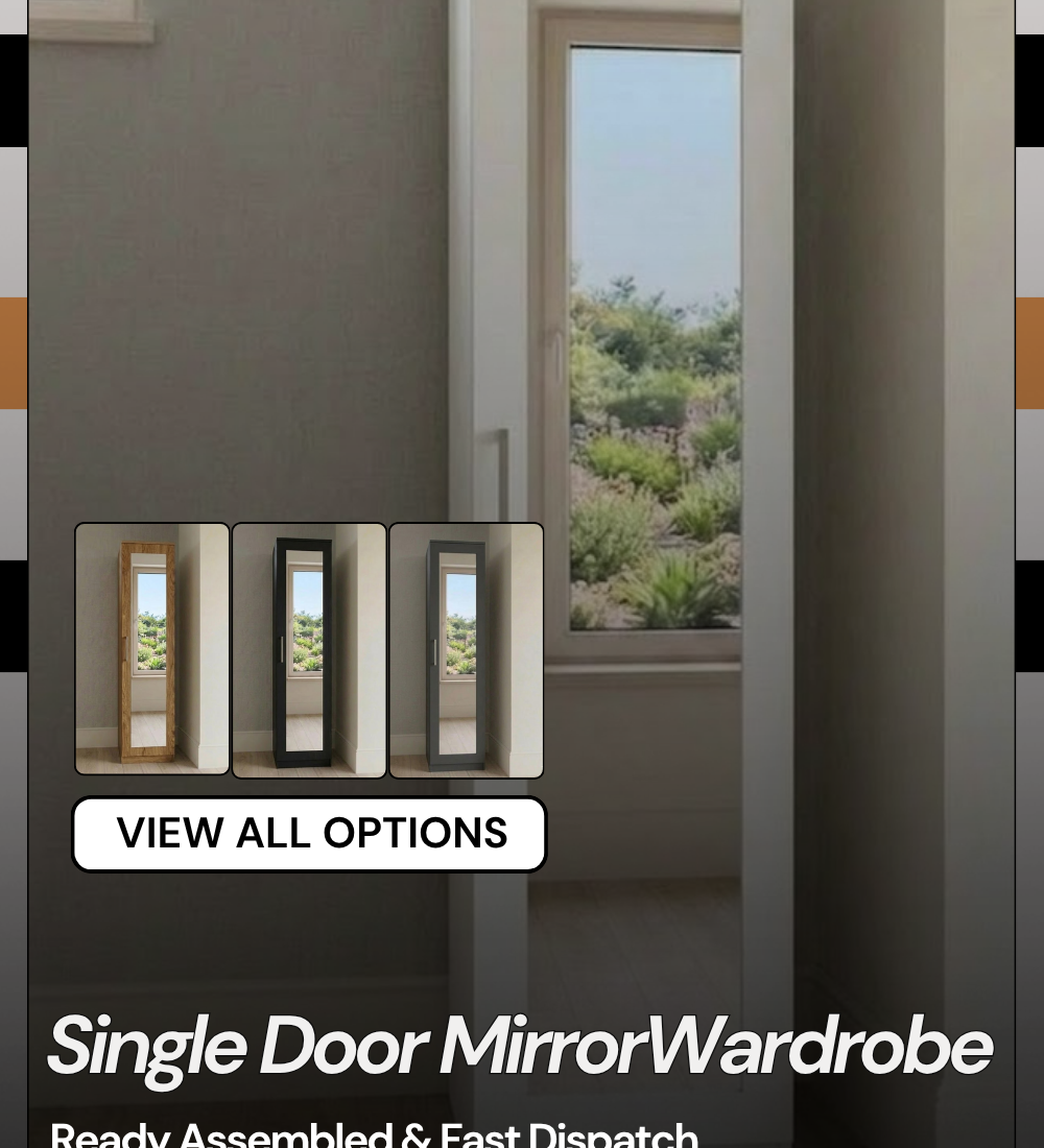 Single door narrow mirrored wardrobe available in 4 colours — grey, black, white and oak, ready assembled, UK