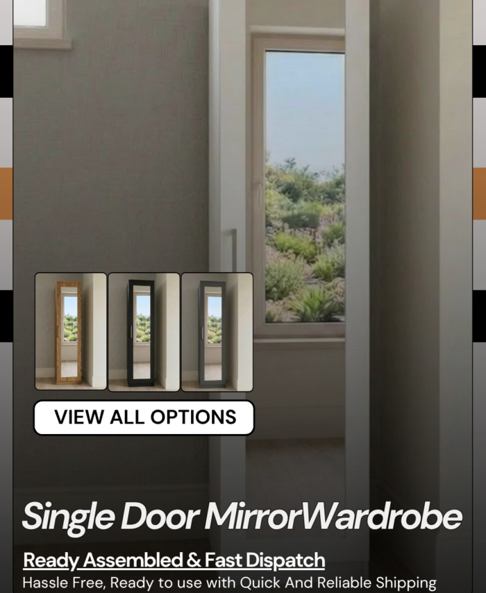 Single door narrow mirrored wardrobe available in 4 colours — grey, black, white and oak, ready assembled, UK