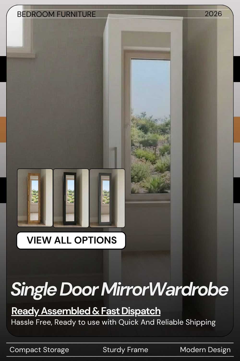 Single door narrow mirrored wardrobe available in 4 colours — grey, black, white and oak, ready assembled, UK