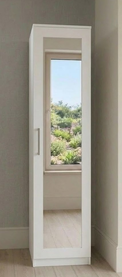 White single door narrow mirrored wardrobe, ready assembled, UK