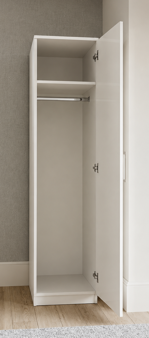 Open white single door narrow wardrobe showing hanging rail and two shelves inside, ready assembled, UK