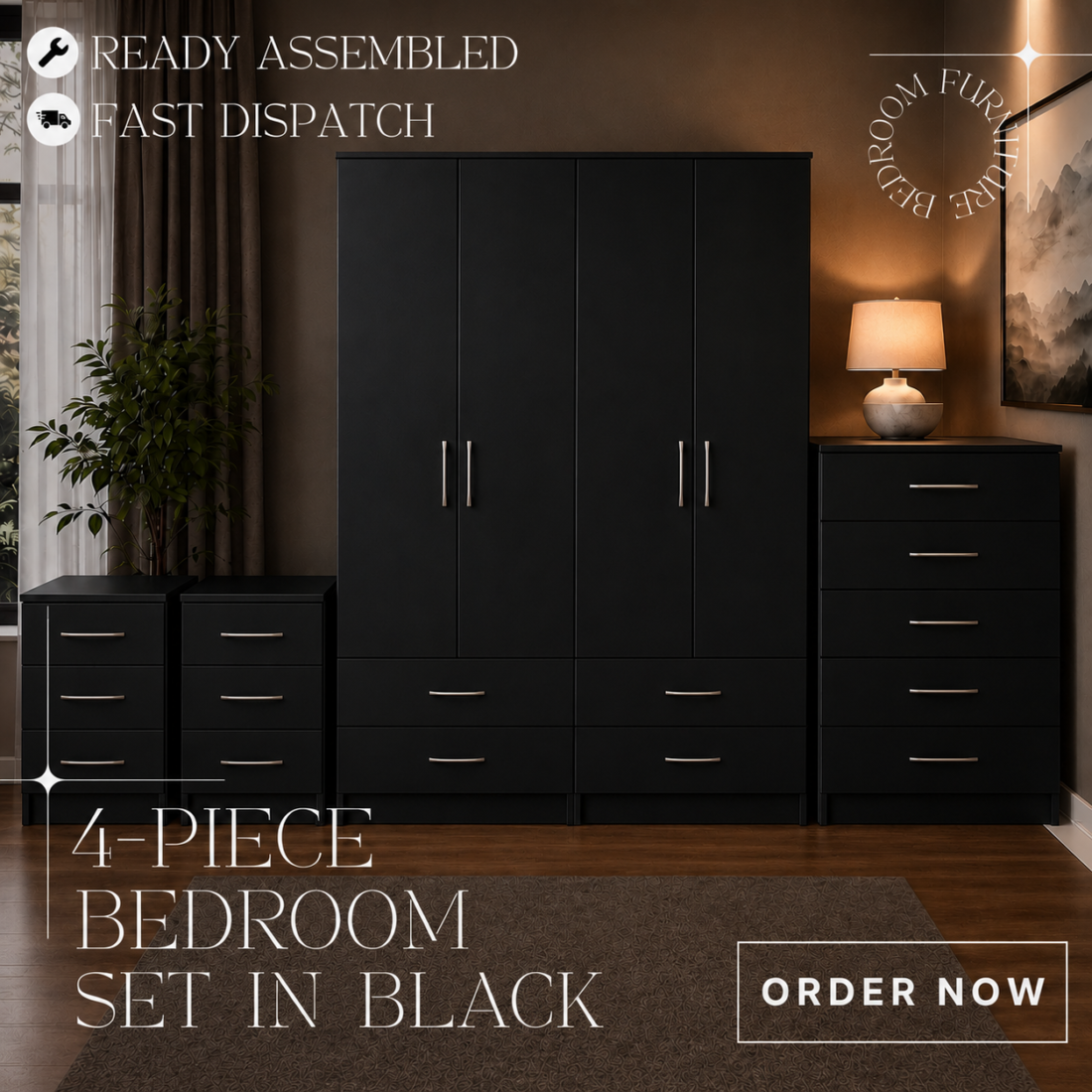 Black 4 Door Wardrobe Bedroom Set