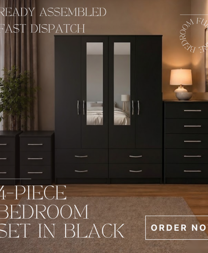 Black 4 Door Mirrored Wardrobe Bedroom Set