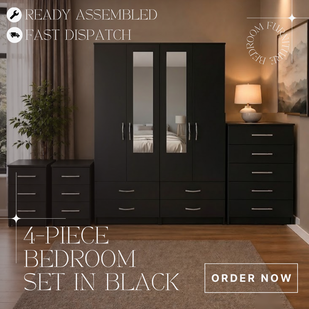 Black 4 Door Mirrored Wardrobe Bedroom Set