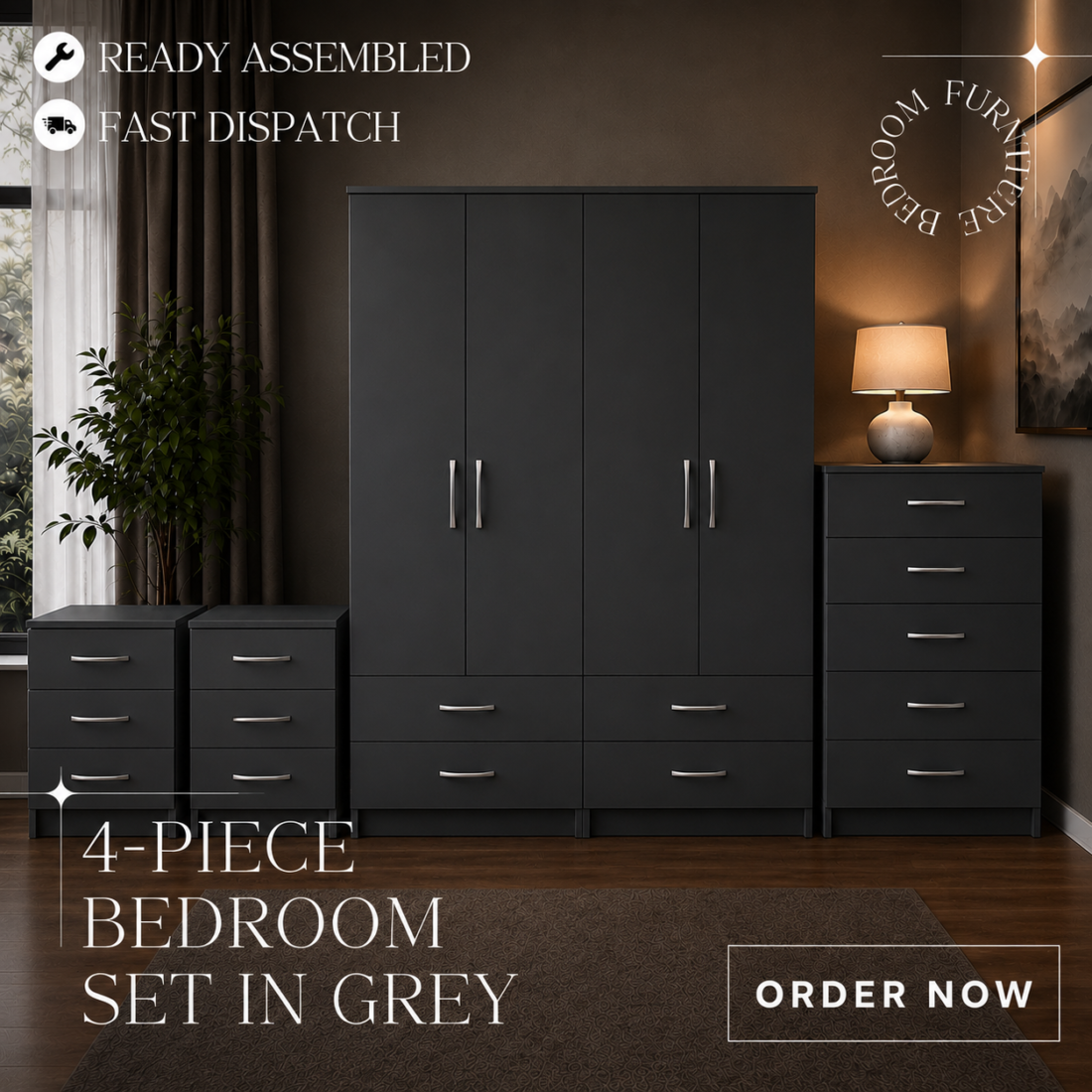 Grey 4 Door Wardrobe Bedroom Set